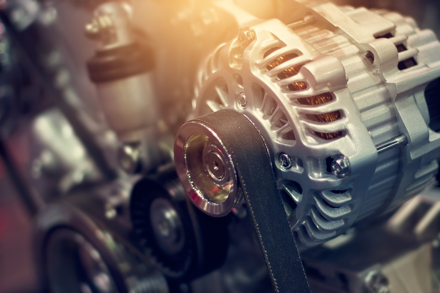 Alternatore e cinghia di servizio di un motore in officina